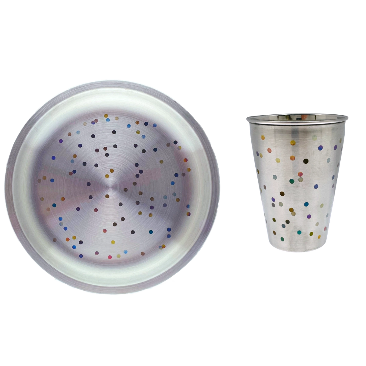 Feest! RVS bord & beker met kleurrijke confetti laserprint